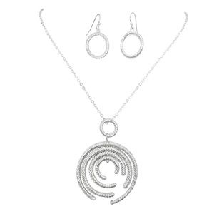 Simple Spinning Cable Twist Crescent Circles Silver Necklace Earrings Set